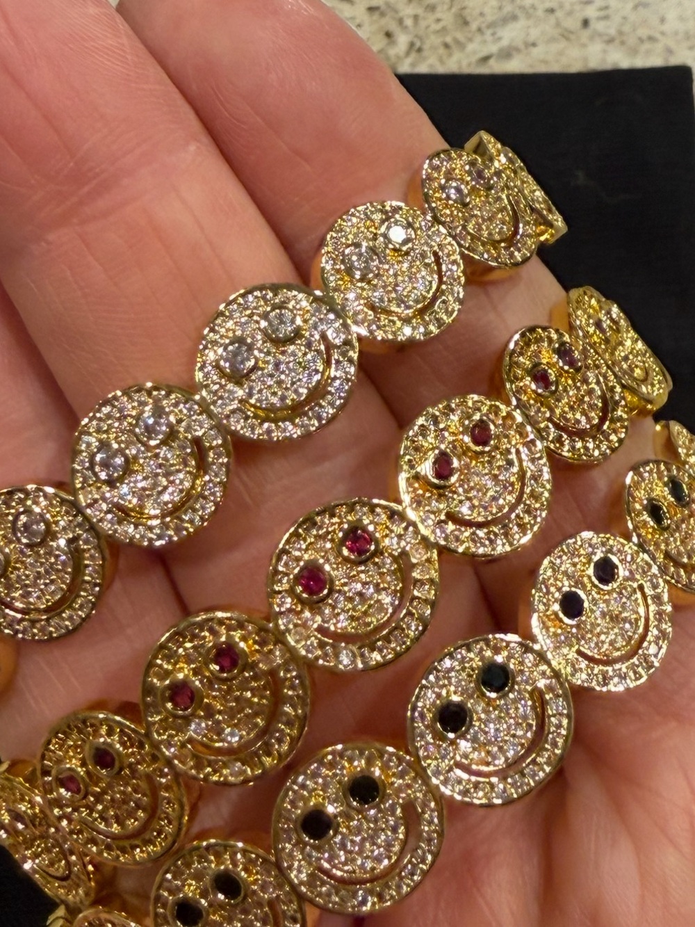 Gold Smiley Face Crystal Bracelet - Gold Tone